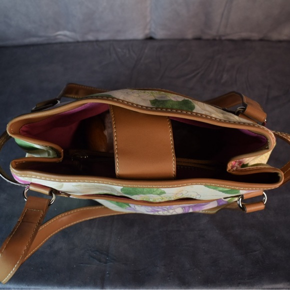 Relic Pink Floral Tan Faux Leather Trim Tote Purse Magnetic Snap Close Preowned - Picture 3 of 5